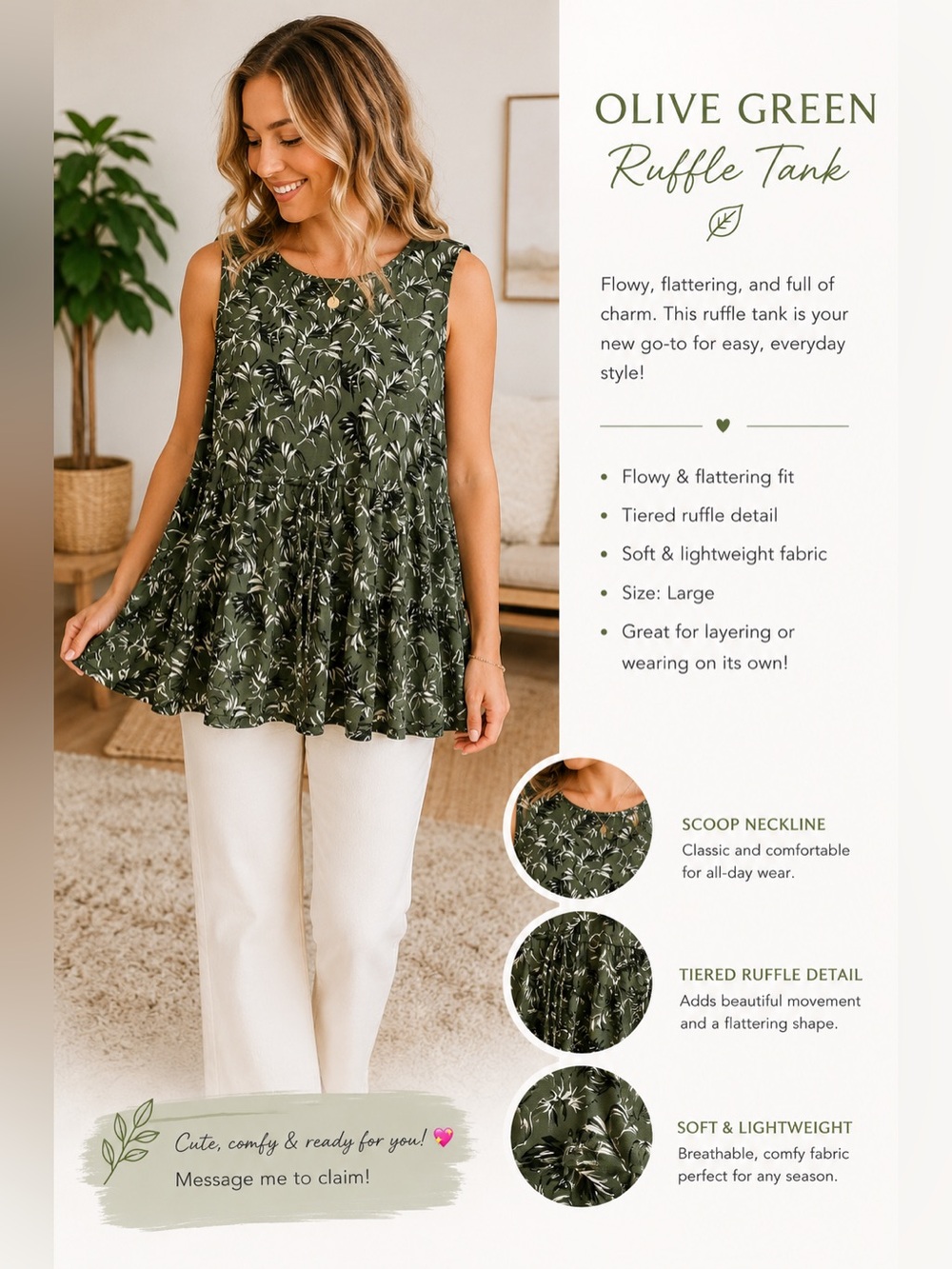 Style & Co. Olive Green Floral Ruffle Tank